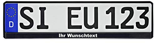 1 Kennzeichenhalter schwarz mit Wunschtext beschriftet Kennzeichen