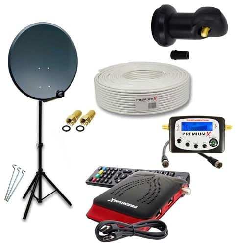 PremiumX Camping Mobile Satelliten-Komplettanlage 45cm Antenne Single LNB TV Kabel Dreibein-Stativ HD Receiver Sat-TV-Signalfinder