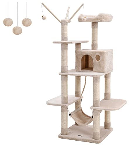 Feandrea XXL Kletterbaum, Stabiler Kratzbaum mit Hängematte, Höhle, Spielsisal, 154 cm, Rauchgrau Beige Hellgrau PCT86M