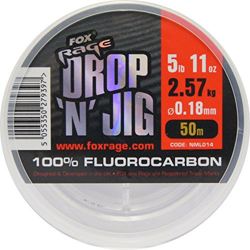 Fox Rage Fluocarbon Schnur Drop 'n' Jig 50m, Angelschnur für Vorfächer, Vorfachschnur zum Spinnfischen, Durchmesser/Tragkraft:0.18mm / 2.57kg Tragkraft