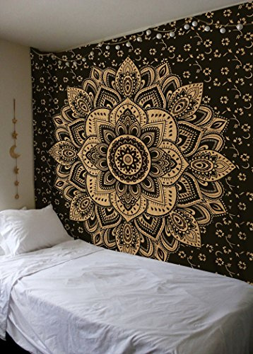 Madhu International Cotton Handicrafts Hippie-Mandala-Wandteppich – indischer, psychedelischer Bohemian-Mandala-Wandteppich für Wandbehang, Strandüberwurf, Bettlaken, Tischdecke, Doppelbett, Schwarz