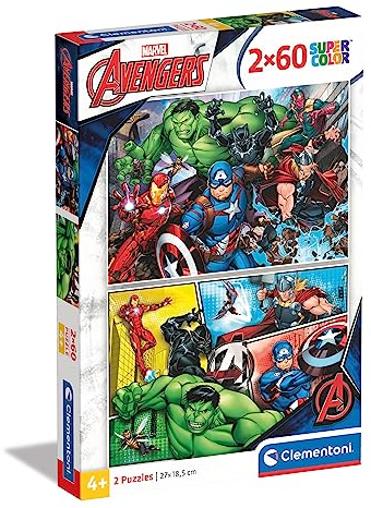 Clementoni 21605 Supercolor The Avengers – Puzzle 2 x 60 Teile ab 4 Jahren, buntes Kinderpuzzle mit besonderer Leuchtkraft & Farbintensität, Geschicklichkeitsspiel für Kinder