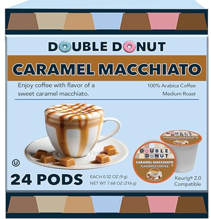 Double Donut Coffee Flavored Coffee Pods, Caramel Macchiato Coffee for Keurig K Cups Machines, Medium Roast in Recyclable Pods, 24 Count