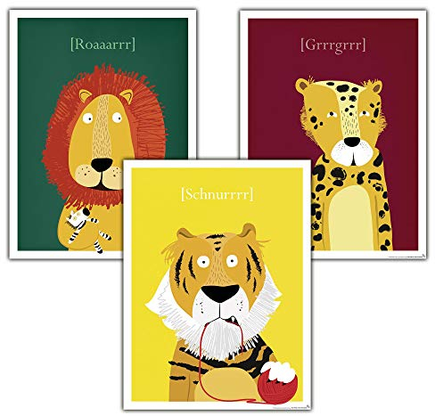 Close Up Kinderzimmer Poster Raubkatzen, 3er-Set (30 x 40 cm | 11,8x15,7) Babyzimmer Deko Bilder, Tiere Kunstdruck - Löwe, Tiger & Leopard