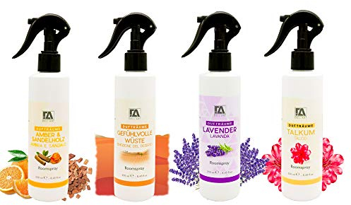 DEO TESSUTI SET, Textilerfrischer Lufterfrischer, 4 X 250 ml, Lavandel, Amber und Sandelholz, Talkum und Gefhülvolle Wüste