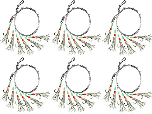 Rodeel Pre-tied Sea Fishing Rigs, 6 Pack / 36 Hooks Fishing Feathers, with Luminous Beads Glowing Tail and Simulated Fish-skin Flasher, Attractor for Mackerel, Herring, Bass, Cod - For Night Use
