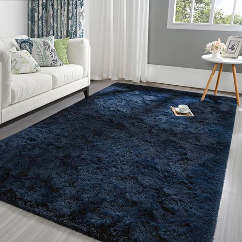 Pettop Flauschiger Marineblauer Teppich für Schlafzimmer, Wohnzimmer, 90 x 150 cm, Rechteckiger Plüsch für Mädchen, Kinder, Jungen, Rutschfest und Waschbar für Kinderzimmer