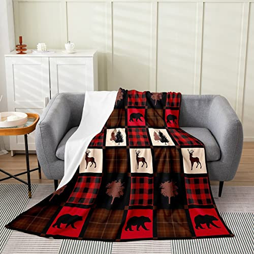 Erosebridal Flanelldecke mit Hirschmotiv, 152 x 203 cm, Elch, Elch, Bär, Decke für Bauernhaus-Dekoration, Büffelkariert, Gitter-Überwurf, Decke, rustikal, rot, Landhausstil, Patchwork, Bettdecke,