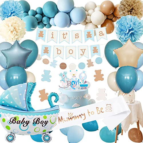 Babyparty Deko Junge, Baby Shower Dekoration Blau Braun, Its a Boy, Boy or Girl, Ballon Girlande für Gender Reveal Party