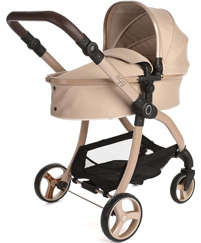 Roma Egg - Feather Dolls Pram and Pushchair, 2-in-1 Seat Unit/Carry Cot, Adjustable Handle 60-78cm, Lightweight, Suitable for Dolls Up to 57cm, Cocoa Leatherette, Gloss Chassis