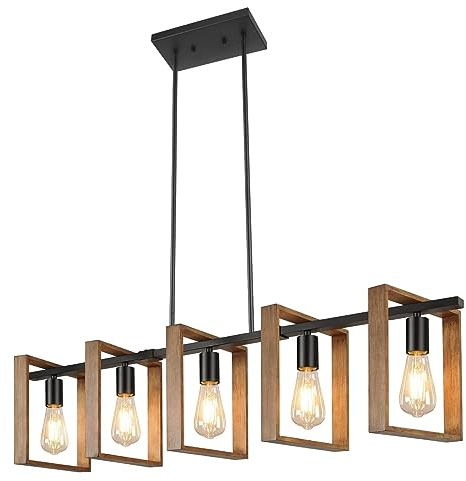 Moderne Kücheninsel Beleuchtung, 5 Lichter 105cm, Höhenverstellbare Esszimmer Leuchten, Rustikaler Holz Kronleuchter Für Die Küche, Billardtisch Leuchten Schwarzer E27 (Glühbirnen Nicht Inbegriffen)