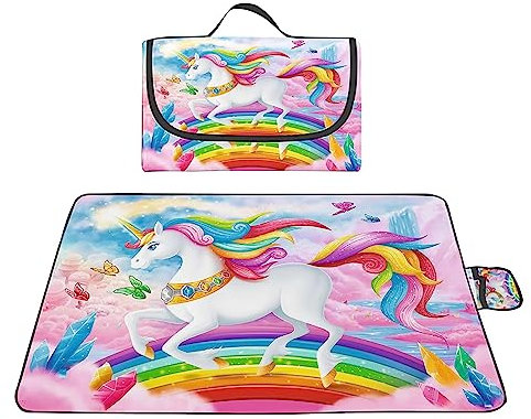 Picknickdecke Wasserdicht 200x300cm,Faltbare Tragbare Strandunterlage Picknickdecke,Ultraschall-Punktbügelprozess,Maschinenwaschbar Mehrzweck für Camping,Wandern,Park,Strand,Regenbogen Einhorn Tier