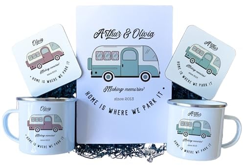 Pomchick - Campervan Enamel Camp Mug SET with enamel mug coaster and card Personalised motorhome Gift His Hers Accessories Camping Retro Caravan