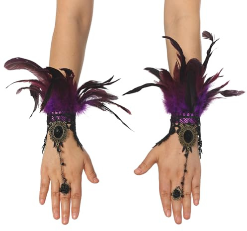 CAMDOM Damen Feder Spitze Lange Handschuhe Steampunk Retro Fingerlose Gothic Manschette Cosplay Kostüm Party Handschuhe, violett, One size