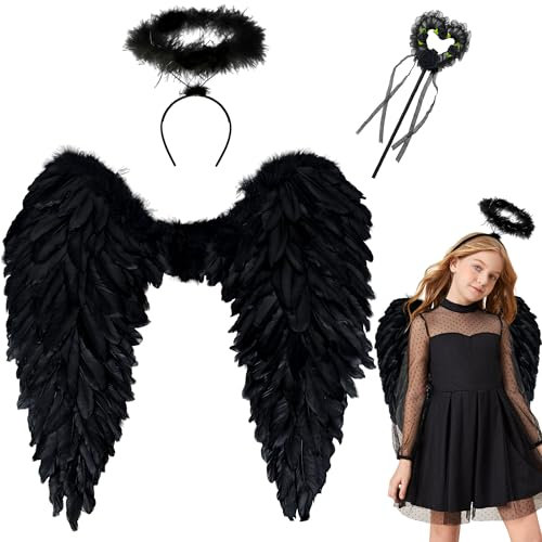 Orgoue Alas de ángel, alas de ángel, alas de ángel negras, para disfraz de carnaval, alas de plumas, ángel, disfraz para mujer con halo, para Halloween, carnaval, cumpleaños