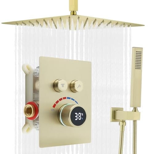 Delnet 16 Inch Ceiling Mounted Shower Mixer Set, 2 Functions Rain Shower System with Concealed LED Digital Display Shower Valve, Can be Used simultaneously,Brushed Gold