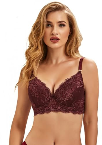 comeondear Womens Minimiser Bras for Large Busts Underwired Plus Size Wide Back Bra for Women UK Support Push Up Padded Bras Lace Balconette Bras Ladies Full Coverage Bras Soft Red 38E DD