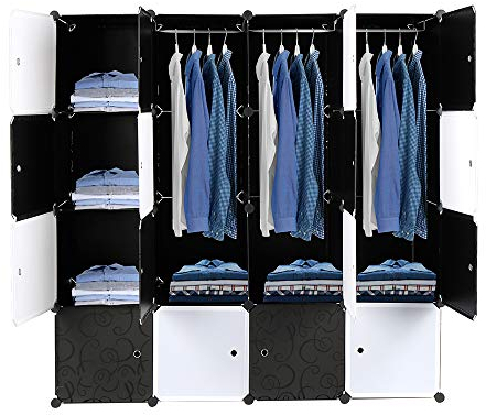 Bonnlo Kleiderschrank aus Kunststoff, DIY Regalsystem, Tragbarer Garderobenschrank, Regal mit Türen, Steckregal 16 Würfel, mit 3 Kleiderstange, Weiß & Schwarz, 142x47x142cm