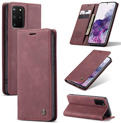 owlhold Hülle Samsung S20 Plus klapphülle Premium Lederhülle Weiches Vintage-Nubukleder Faltbare Ständer Schutzhülle Kartenfach Standfunktion klapphülle Samsung Galaxy S20 Plus 5G -Weinrot