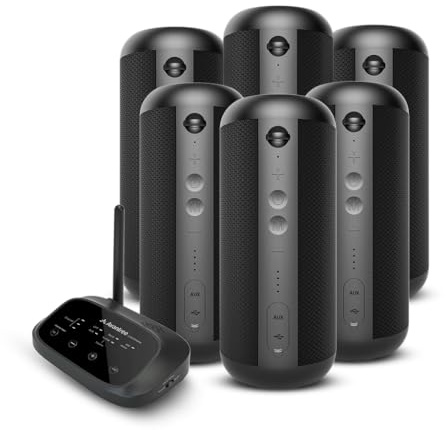 Avantree Harmony 2 - Wireless Stereo System for Multiple Rooms & Outdoor Party, 1 Transmitter & 6 Portable Bluetooth Speakers
