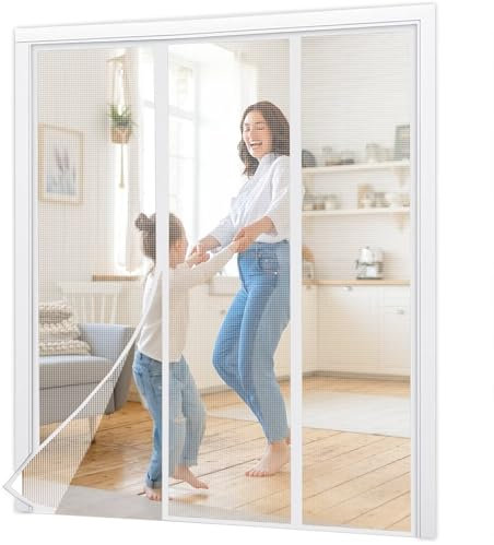 Store enrouleur occultant pour portes et moustiquaires magnétiques, 290x185cm Blanc, avec rubans autocollants et épingles pour portes et fenêtres, empêchant les insectes d'entrer