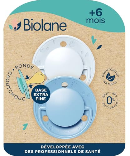 BIOLANE - Tétines rondes - Sucettes extra-fines - 6 mois et plus - Bleu bicolore - Téterelle en caoutchouc naturel - Respect du développement bucco-dentaire - Douces et confortables