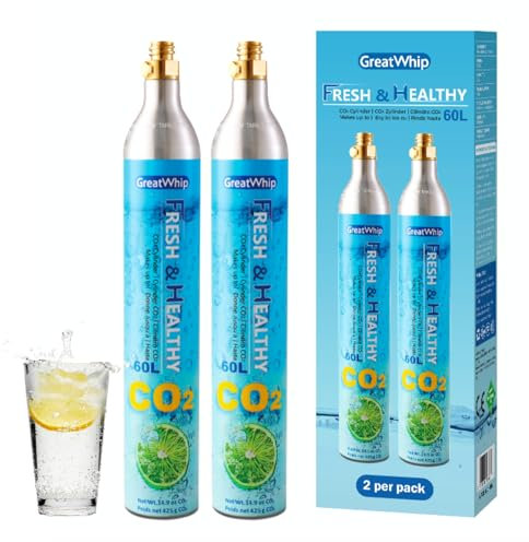 GreatWhip 60L CO2 Gewinde Zylinder für Sodastream Screw-in System Maschine, Ersatzkarbonisator, NICHT kompatibel mit Qiuck-connect System SodaMaker Gerät, 2er-Pack