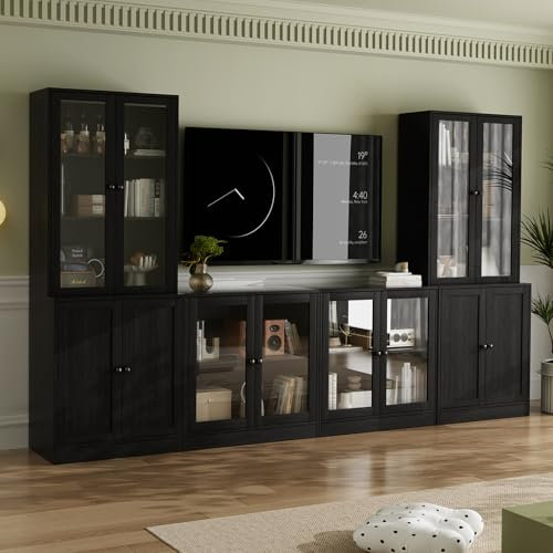 VOWNER Grande Mueble de TV para Televisores de hasta 70 Pulgadas, 280 x 180,3 x 40 cm, Mesa de TV, Módulo TV, Mueble de Salón Moderno con Cajones y Puertas de Cristal, 2B+2D (Negro)