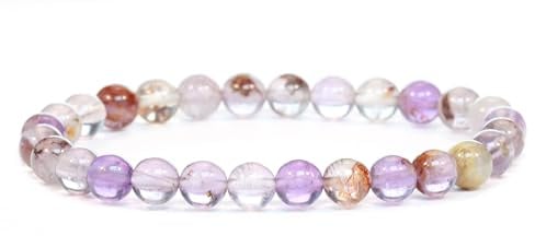 Echtes Super Seven Amethyst Edelstein Armband mit runden 6mm Perlen - verschiedene Längen - Heilstein Schutzstein Edelsteinarmband Glücksbringer Talisman Geschenk (S. S. Ameth., 18CM)
