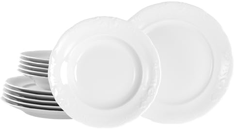 CreaTable, 24623, Serie Frederike Weiss, 12-teiliges Geschirrset für 6 Personen, Tafelservice aus Porzellan, spülmaschinen- und mikrowellengeeignet, Made in Europe