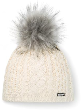 Eisbär Mütze Damen Afra Lux Weiß - Merino für Frauen - mit Fleece schützt vor Kälte und Wind - Bommelmütze mit Kunstfell-Pompon Pudelmütze mit Zopfmuster Bequeme Strickmütze