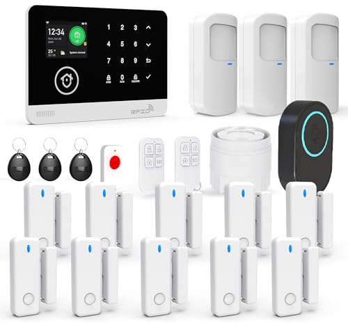 TUGARD Kit de 22 pièces, Alarme Domestique Intelligente sans Fil WiFi/GSM avec app, détecteur de Mouvement, détecteurs Porte‑fenêtre, télécommandes, sirène, Compatible avec Alexa et Google Home