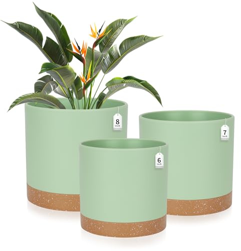 CSYY Plant Pots Indoor, Plastic Plant Pots, Flower Pots Outdoor Self Watering Indoor Plant Pot with Drainage Holes and Tray, Plastic Planter for Garden House Plants (Green, 8/7/6in)