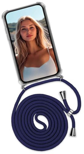 ONEFLOW Handykette für iPhone 16e Hülle mit Band, Handyhülle mit Kette abnehmbar, Handyband zum Umhängen, Handy Umhängeband Lange Handykordel, Twist Case – Blau Silber