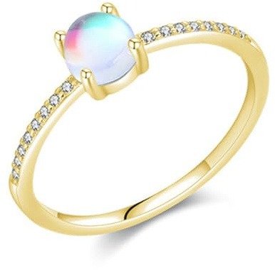 RDSGYZ Gold Ringe Damen 585 Echtgold, Eheringe Einzeln Schmal mit Mondstein und Moissanit Verlobungsring Memoir Hochzeit Ringe Größe 55 (17.5)