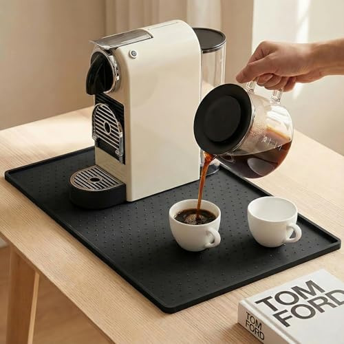Coffee Mat Waterproof Silicone Bar Mat for Espresso Machine and Coffee Maker Leak-Proof Dish Drying Mats for Kitchen Counter, 30x48cm, Black