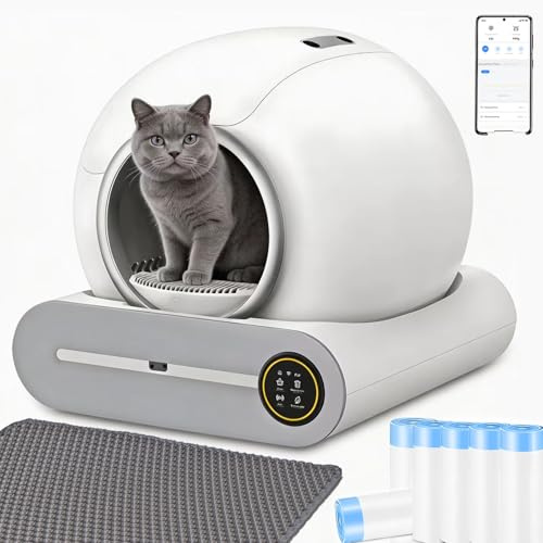 Selbstreinigende Katzentoilette XXL 65L+9L mit App, Ionischer Desodorierer | 6 Rollen Müllsäcken 2 Filter 1 Fußmatte für Mehrere Katzen