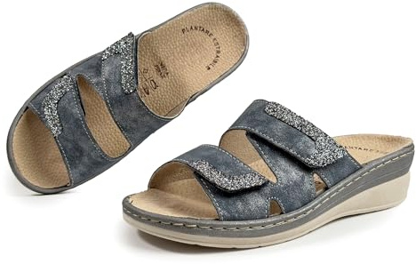 JOMIX Pantoufles Femme Senior d'Été Compensé Mules Orthopédiques à Scratch avec Semelle Amovible en Cuir Sandales Anatomique Ergonomique pour Femme Âgée et Pieds Sensibles Bleu 39