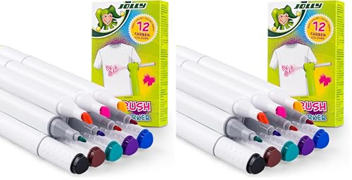 JOLLY Textilmarker, Nachfüllung Textil Airbrush oder als normaler Textilstift zu verwenden, 12 Farben mit dicker und dünner Spitze, für Textilien aller Art, nach Fixierung Waschmaschinenfest