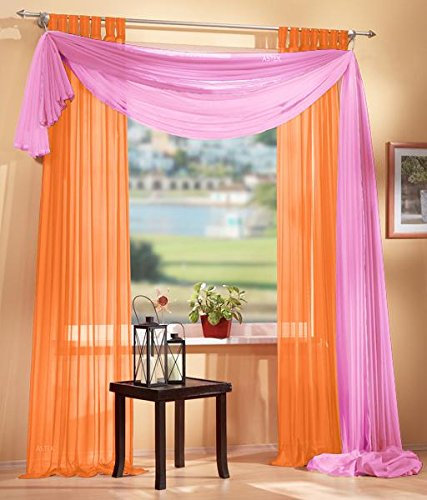 Gardinen Set, 2 x Schlaufenschal Voile, transparent, 245x140, Orange, 1 x Voile Querbehang, Freihanddeko, 140x600, Rosa, 61000560