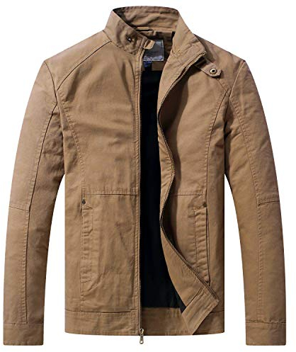 WenVen Men's Outdoor Lightweight Jacket Casual Cotton Coat Windproof Warm Jackets Classic Full-Zip Jacket Khaki M