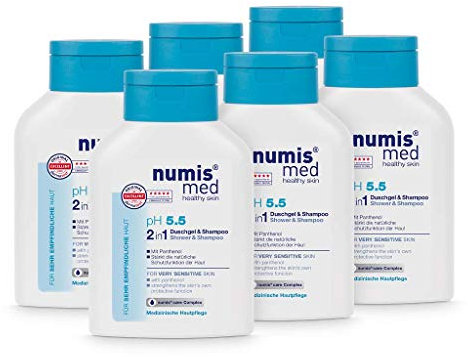 numis med 2in1 Duschgel & Shampoo ph 5.5 - Hautberuhigendes Shower Gel & Haarshampoo für sehr empfindliche & sensible Haut - vegane Hautpflege ohne Silikone, Parabene & Mineralöl (6x 200 ml)