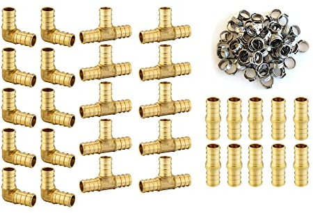 (Pack of 100) EFIELD 1/2 Pex Brass Fittings: 70 Pieces Pex Stainless Steel Clamps, Tee, Elbow and Coupling 10 Pieces each,(PEX1807191)