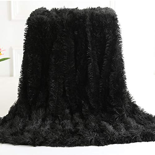 Nicole Knupfer Kuscheldecke Felldecke Langhaar Decke Microfaser Kunstfell Decke Flauschig Klimaanlage Decke für Couch Bett (Schwarz,160 x 200 cm)