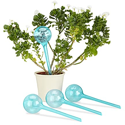 Relaxdays Globes d’arrosage Plastique, Lot de 4, Distributeur Eau Plantes 2 semaines Pot Fleurs 250 ML, Bleu Clair