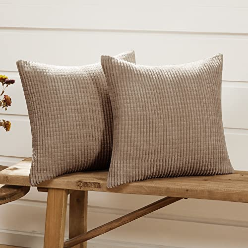 Deconovo Set of 2 Home Decorative Corduroy Cushion Covers 45 x 45cm, 18x18 Inches Grid Solid Cushion Covers, Square Throw Pillow Cases for Sofas Seats(Taupe, 2 Pieces)