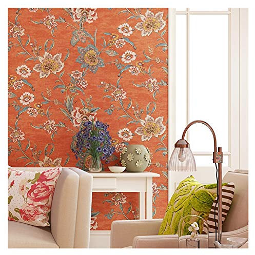 QSCTYG Self Adhesive Wallpaper American Style Orange Large Flower Wall Paper Vintage Retro Floral Bedroom Decor Wallpaper Murals Non Woven Wallpapers 86 (Color : Orange, Dimensions : 0.53mx9.5m)