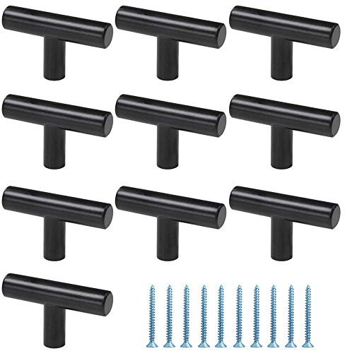 Gativs 10 Piezas Tiradores de Cocina, Pomos y manijas en Barra T de Aleación de Aluminio Negro con Tornillos para Cajones Zapateros Aparadores