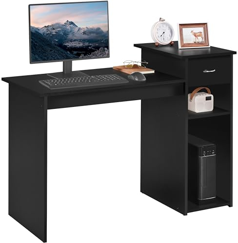 Yaheetech Mesa de Ordenador con Estantería 112x50x82cm Escritorio con Cajon para Computadora Escritorio Oficina Despacho Moderno Negro
