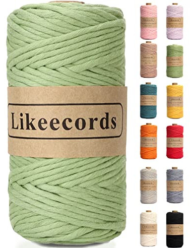 Likeecords Corde à macramé simple de 4 mm - 80 m - Décoration faite à la main - En coton naturel doux - Style bohème - À suspendre au mur - Pour plantes, loisirs créatifs - Vert